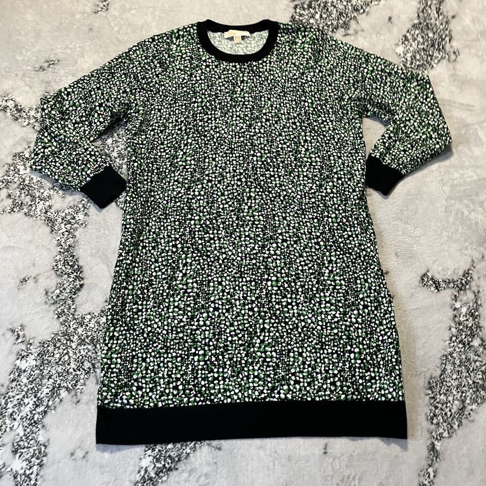 Michael Kors Sweater Dress‎ Womens Size 2X Green Multi Printed Knit 3/4 Sleeve